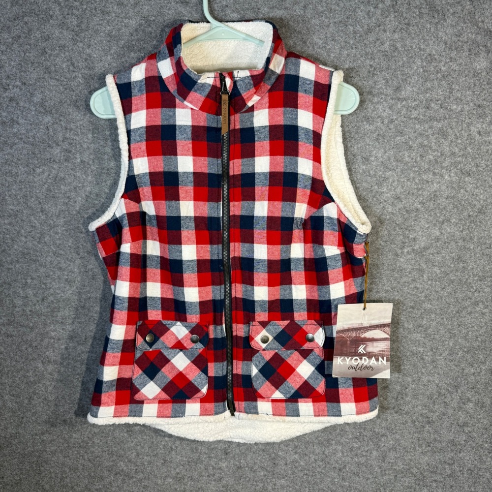 Kyodan Outdoor Womens Plaid Fleece Lined Vest Red Navy White M L